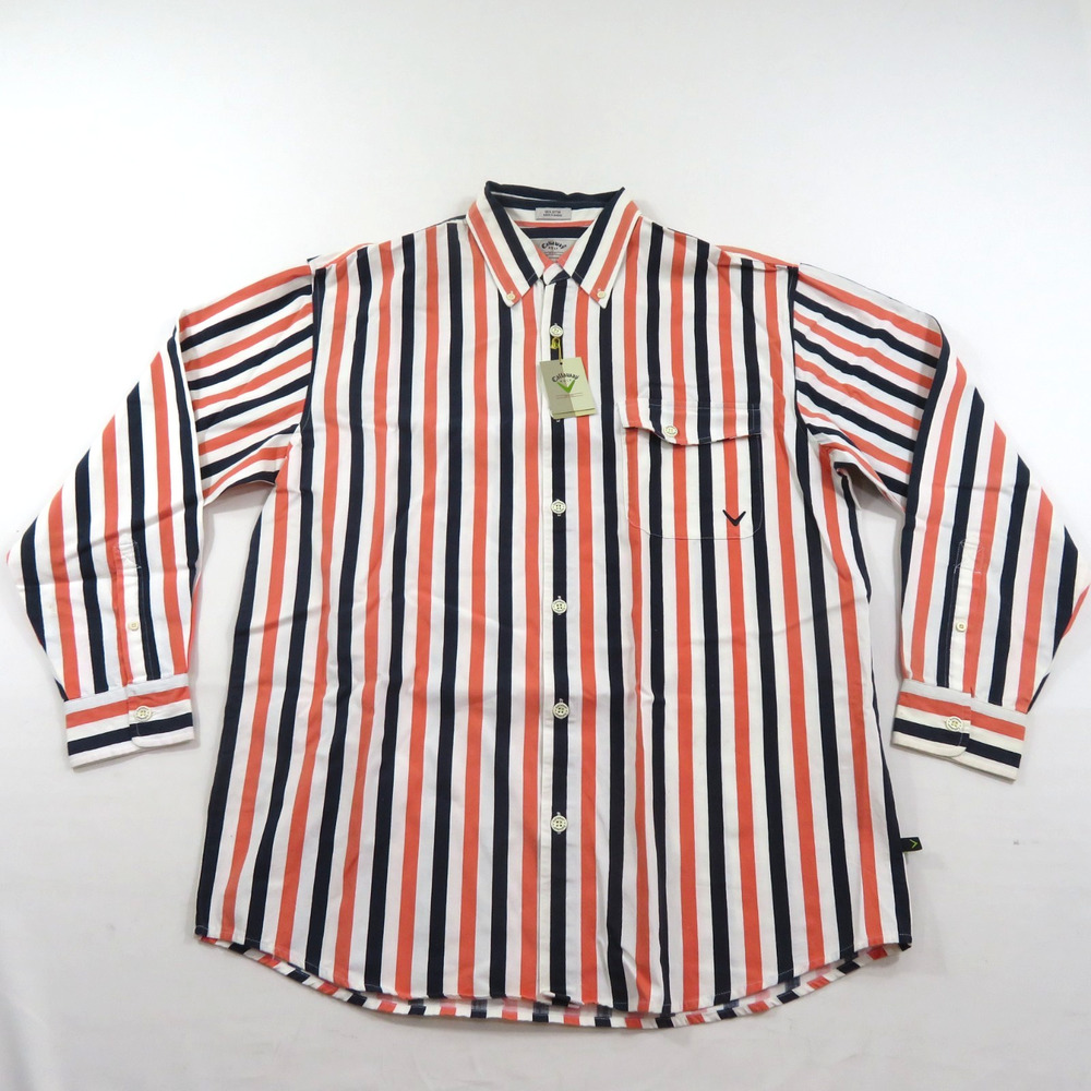 Callaway Golf Sport Vertical Striped Cotton Dress Shirt L White Blue Orange